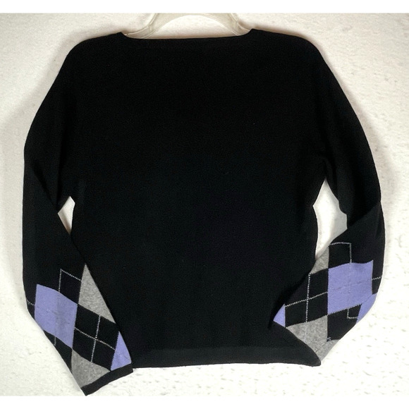 Valerie Stevens 2 Ply Cashmere Sweater Size M Black Purple Argyle Rhinestone Vtg - Picture 3 of 9